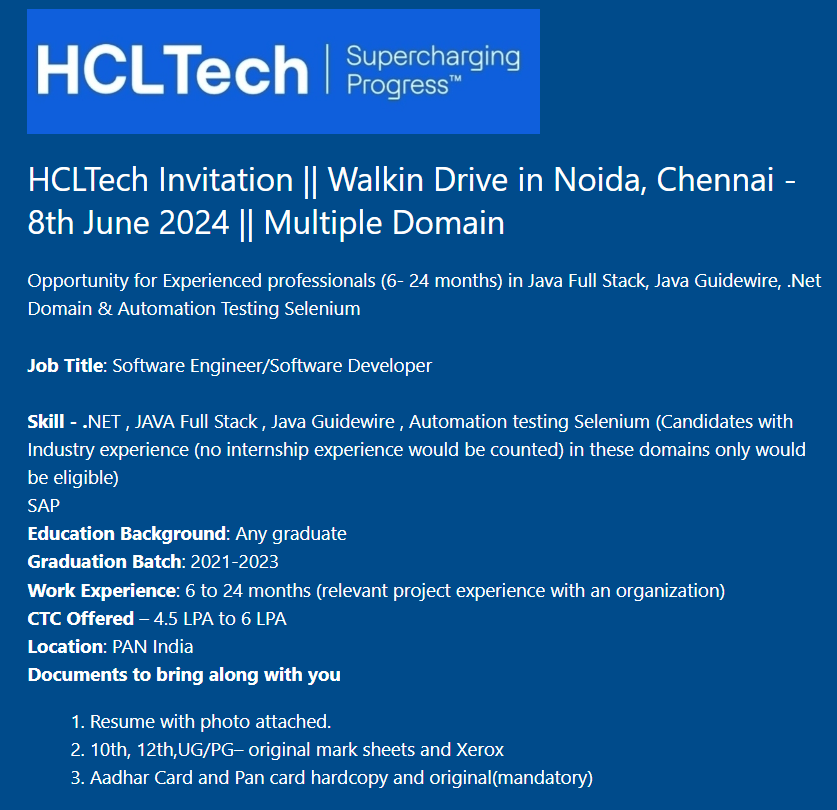 HCLTech Invitation || Walkin Drive in Noida, Chennai - 8th June 2024 || Multiple Domain